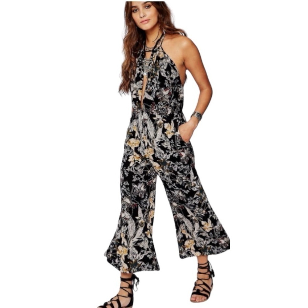 Free People Black Floral Twisted One Piece Halter Cropped Jumpsuit